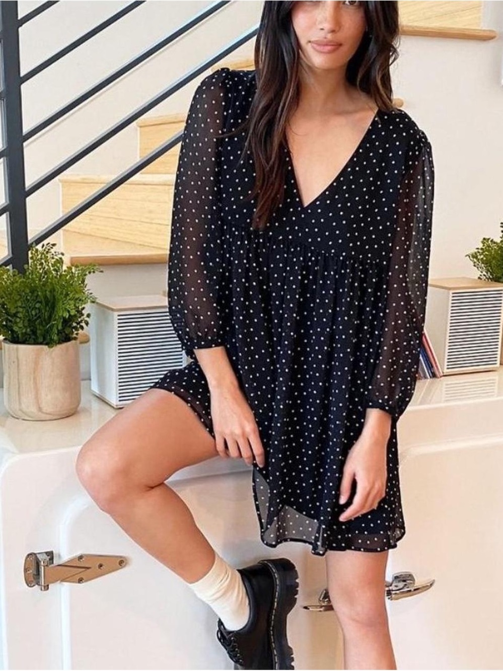 Aritzia Sunday Best Jinx Black Polka Dot V-Neck Babydoll Mini Dress